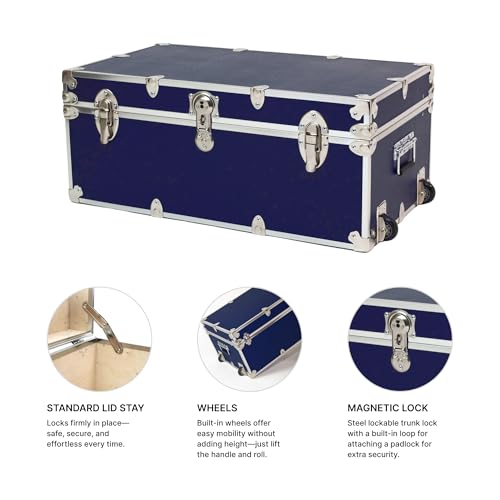 Rhino Trunk & Case Large Essential Trunk With Wheels 32”x18”x14”, 1000+ lbs Capacity - Many Colors. Strong, USA Made Summer Camp Footlocker, and Secure College Dorm Storage Chest - color: Navy Blue