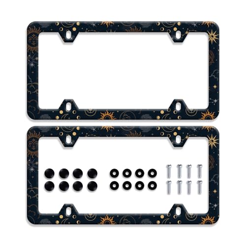 【2Pcs】 Sun Moon Stars License Plate Frame Starry License Plate Frames Stainless Steel Accessories Cars Decor with 4 Holes and Screws Fits Standard US CA Vehicles Size 12.2 x 6 Inches - color: 【2Pcs】Sun moon stars-2