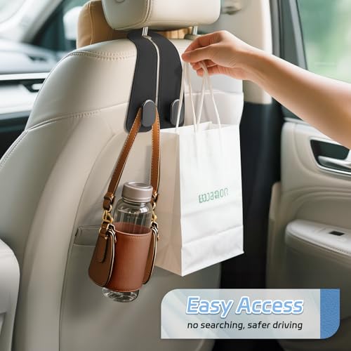 Car Seat Headrest Hooks - 2 Pack Universal Car Purse Hook, Leather Car Bag Purse Holder with Double Metal Hooks for Handbags, Grocery Bags, Bottles, Phones - color: Black