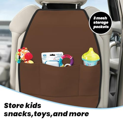 2 Pack Brown Car Backseat Organizer,Waterproof Oxford Kick Mats Seat Back Protector with 3 Storage Pockets,Car Back Seat Organizer for Pets Scratch Resistant Auto Interior Accessories