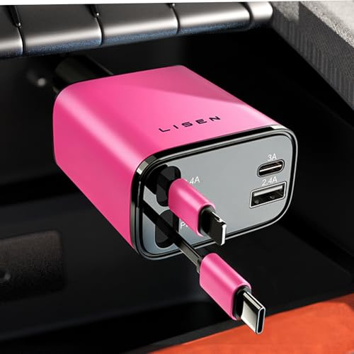 LISEN Retractable Car Charger 4 in 1, Fast Car Phone Charger with Cord 31.5inch, USB C and Apple Cars Adapter, Pink Accessories for Cute Women fit for iPhone 17 16 15 14 13 12 11 X, Samsung S26 S25 - color: Black-pink, size: 31.5 Inch