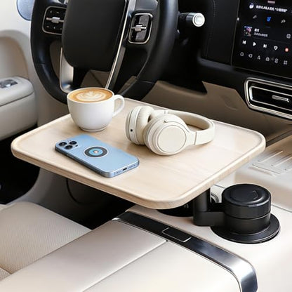 360° Rotating Wood Car Tray & Desk for Laptop - Steering Wheel Cup Holder Table, Car Accessories for Women & Men, Compatible with Tesla Model Y/3/S, Ford F150/Explorer/Maverick & Most Vehicles