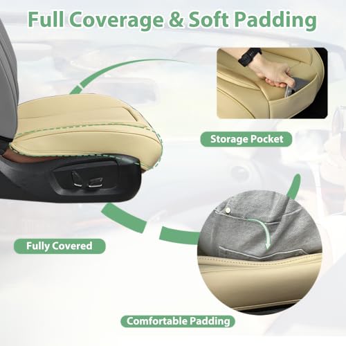 2 Pack Front Car Seat Cover Bottom Only Faux Leather, Anti-Slip Padded Seat Cushion, Full Wrap Seat Protector with Storage Function Fit 95% Cars, SUV, Pick-up Trucks (Beige) - color: Beige
