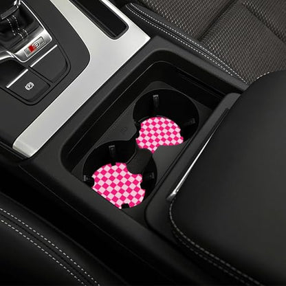 Chessboard Pink Steering Wheel Cover Pink Chessboard Steering Wheel Cover Racing Flag Breathable Universal for 15 Inch Anti-Slip Car with 2 Pieces Car Coasters Suitable for Men Women Chessboards - color: Chessboard pink