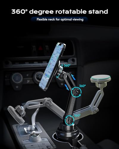 Magnetic Cup Phone Holder Car Wireless Charger for MagSafe, 15W Fast Charging Car Mount Stand for iPhone 16 Pro Max/15/14/13/12, Cupholder Expander, LED Light Ring, Strong N52 Magnets
