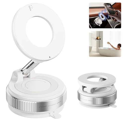 Vacuum Magnetic Phone Holder for Car - 360° Rotating Reinforced Suction Cup Mount, Foldable & Retractable Design Compatible with All Smartphones for Car/Gym/Mirror (White) - color: White