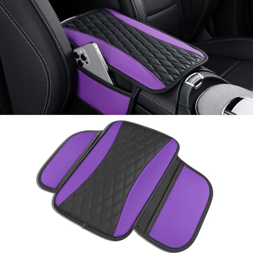 Leather Car Center Console Cover with Side Pockets, Upgraded Arm Rest Cover for Car Seat Organizer, Middle Console Cover Stylish Car Decoration, Universal for Most Vehicles (Purple) - color: Purple