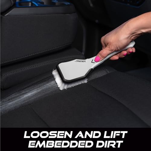 VIKING Upholstery Cleaner Scrub Brush, Cleaning Brush for Seat Covers and Car Detail Kit, Grey with White Bristles, 9.3 x 2.5 x 2.5 inch