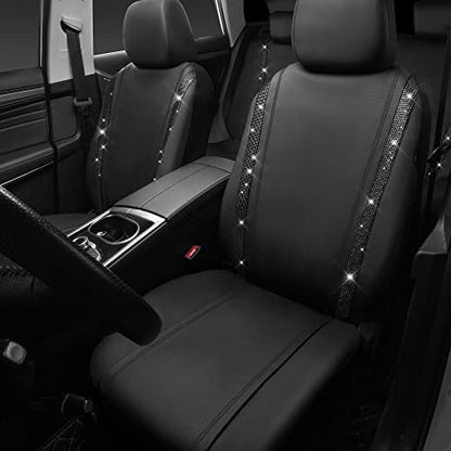 CAR PASS Leather Bling Diamond Car Seat Covers Full Set, Shining Rhinestone Waterproof Durable Rear with Zipper, Universal Fit Automotive Glitter Crystal Sparkle Strip for Cute Women Girly Black - color: Black Diamond, size: Full Set
