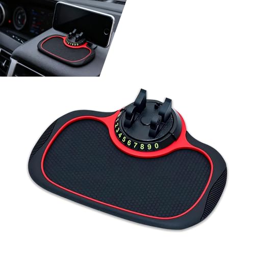 Multifunction Car Anti-slip Mat, Storage Pad & Rotatable Phone Holder & Parking Number Plate, Large Organizer Pad for Phone Keys Sunglasses, Dashboard Storage Accessory for Cars (Black & Red) - color: Black & Red