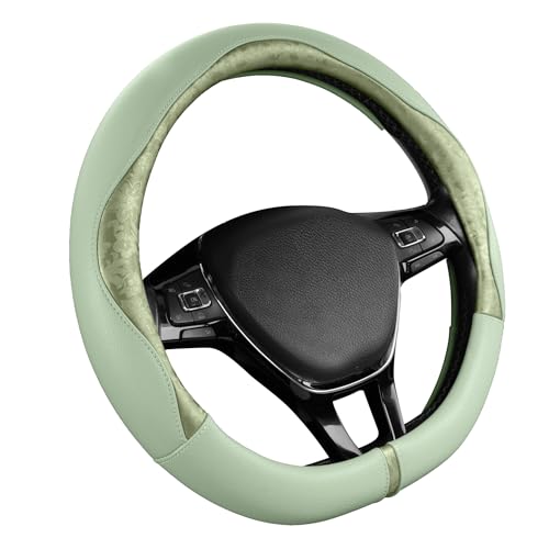 PIC AUTO Steering Wheel Cover, Green Patterned Leather Patchwork Design, Universal Fit 14.5"–15.5" D-Shape Steering Cover, Soft PU Grain Leather, Durable Grip Car Accessory for Girls & Women - color: Fits D-Shape Green