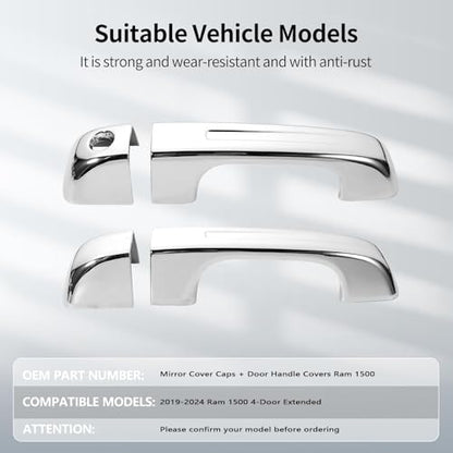 Chrome Mirror Cover +4PCS Door Handle Covers fits Ram 1500 2019-2024 4-Door Extended/Crew Cab Models Only Caps Top Half Left & Right Without Smart Keyholes, Siver Plated