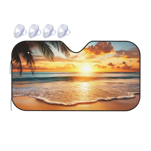 Windshield Sun Shade Sunset Beach Palm Tree Tropical Car Front Window Sunshade Blocker UV Visor Retractable Automotive Sunshades for Vehicle SUV Truck Protector 51x27.5 inch - color: A0925, size: S:51x27.5 inch