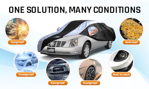 Car Cover Waterproof All Weather with Silver Strip Design, Custom Fit for DTS(2006–2011), XTS(2013-2019), CT6(2016-2020), DTS Accessory with Door Zipper & Windproof Straps - size: Custom Fit Cadillac DTS, XTS, CT6