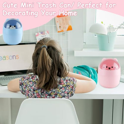 Mini Trash Can, Cute Small Trash Can with Lid, Desktop Paper Bin with 5 Rolls of Bin Liners, Portable Tabletop Dustbin, Cartoon Animal Rubbish Storage for Kitchen(Blue) - color: Blue