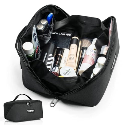 Wrangler Travel Toiletry Bag for Men & Women, Large Capacity Makeup Organizer with 4 Pockets, Water-Resistant Nylon, 180° Lay-Flat Cosmetic Bag with Handle & Double Zipper for Travel, Bathroom & Gym - color: Black