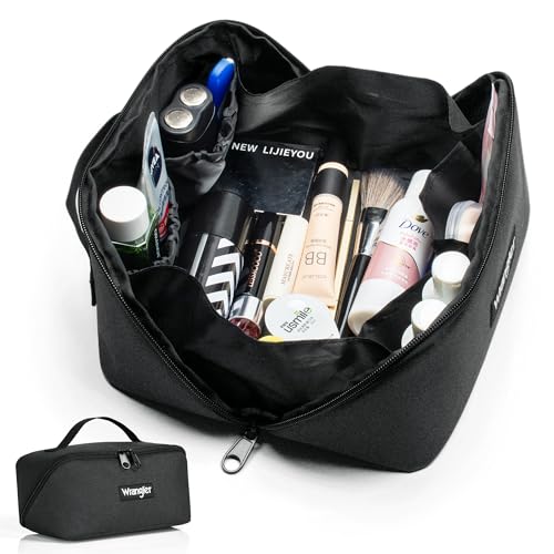 Wrangler Travel Toiletry Bag for Men & Women, Large Capacity Makeup Organizer with 4 Pockets, Water-Resistant Nylon, 180° Lay-Flat Cosmetic Bag with Handle & Double Zipper for Travel, Bathroom & Gym - color: Black