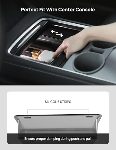 TPARTS Center Console Storage Drawer with Silicone Layer for Tesla Model Y (2021-2024) & Model 3 (2021-2023) Accessories Interior, Translucent Smoke Gray Organizer Tray, Maximize Storage Space