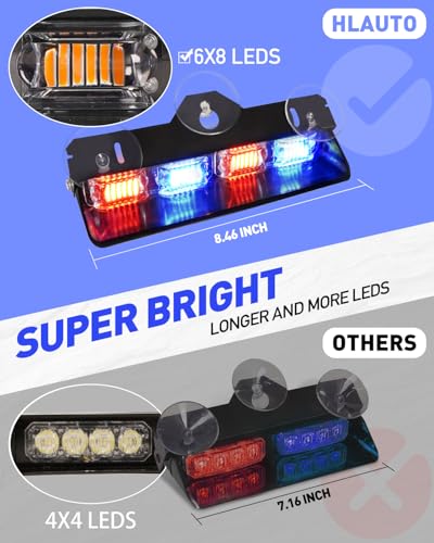 HLauto 2002L Emergency Dash Strobe Lights: Red Blue Safety Lights, Flashing Warning Hazard Windshield Visor Traffic Light Bars for Trucks, Construction Vehicles (2x8.5 inch, 48LED) - color: Red/Blue