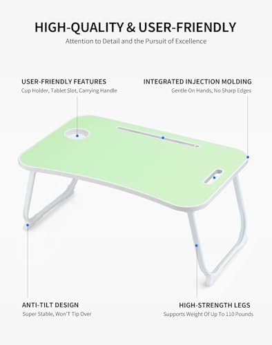 ZEAPTAC Laptop Bed Desk, Foldable Lap Desk, Portable Lap Table, Laptop Stand with Cup Holder & Tablet Slot & Lifting Handle for Working Writing Drawing & Eating - Green - color: Green