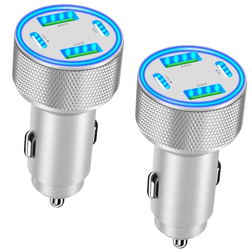 USB C Car Charger, KYOHAYA 2Pack 90W 4-Port Dual USB-C & USB-A Car Power Cigarette Lighter PD/QC3.0 Type C Car Carplay Charger Fast Charging for iPhone 17 17 Pro 16 15 14 13 12 11/Galaxy S26 S25/Pixel - color: Polished Silver