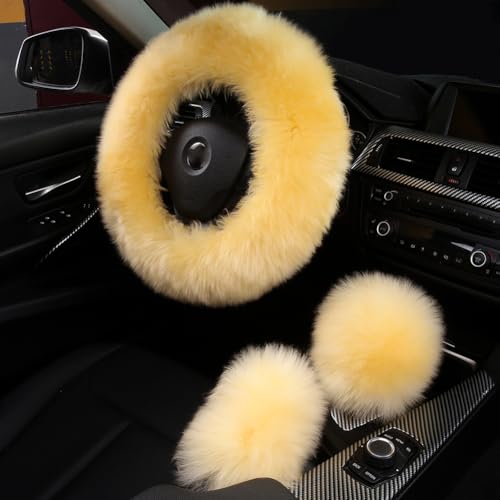 3Pcs Set Fashion Fluffy Fuzzy Wool Fur Soft Car Steering Wheel Cover with Handbrake Cover & Gear Shift Cover for Women/Girls/Ladies Auto Long Wool Accessories - color: Light Yellow, size: Long Wool