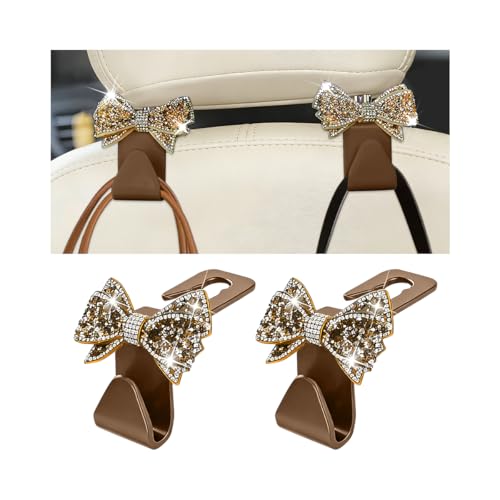 Zpana Bling Car Headreat Hook, 2PCS Crystal Rhinestone Cute Bow Vehicle Seat Back Hanger Storage for Purses Bags Grocery, Diamond Auto Rear Seat Organizer, Universal for SUV Truck Sedan (Gold) - style: Gold/2PCS