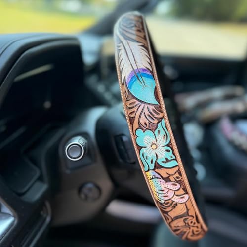 Western Cowboy Steering Wheel Cover Leather, Retro Car Tooled Leather Steering Wheel Cover, Embossed Hand-Painted Universal Anti-Slip - color: D Color