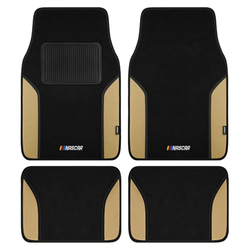 NASCAR Car Floor Mats, Carpet & Beige Leather Design Car Mats, Universal-Fit All-Weather Car Floor Mats with Built-in Heel Pad & Anti-Slip Backing, Durable Odorless Automotive Interior Accessories - color: Beige