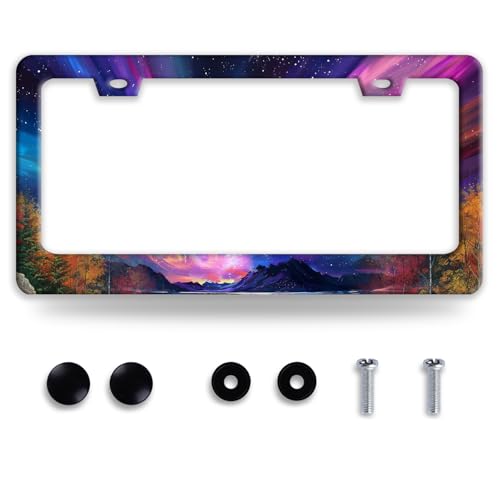 Beautiful Night Starry Forest License Plate Frame Stainless Steel Colorful Mountains License Plate Holder Funny Auto Accessory Decoration 12 x 6 Inch - color: Colorful Night Sky Forest