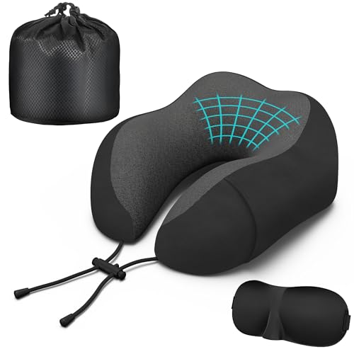 Neck Travel Pillow, Upgraded Memory Foam Pillow for Airplane, Machine Washable, Adjustable Flight Pillow, Suitable for Sleeping Airplane, Car, Office and Home (Black) - color: Black