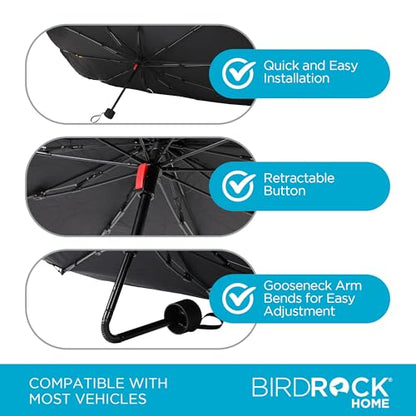 BIRDROCK HOME Car Windshield Sun Shade Umbrella - Foldable Cover UV Block for Front Window, Sunshield for SUV, Truck & Sedan, Protect Interior from Sun, Heat, & Wind - Extra Large - Black & Silver