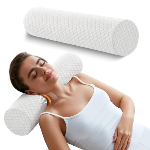 Memory Foam 4" Round Pillow, Cervical Neck Pillow for Pain Relief, Cylinder Pillows 18"x 4", Removable Cover, Neck Roll Pillow for Sleeping, White Plaid - color: Plaid White, size: 4”H