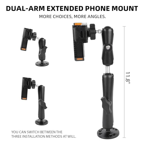 xik Phone Mount Holder with Double Adjustable arm for Boat Kayak Car Truck UTV - Round AMPS Base, [1s Lock & Release][360°Adjustable], Fits 4.7"-7.2" Phones, Heavy Duty, Wall Mount - style: Double-arm style
