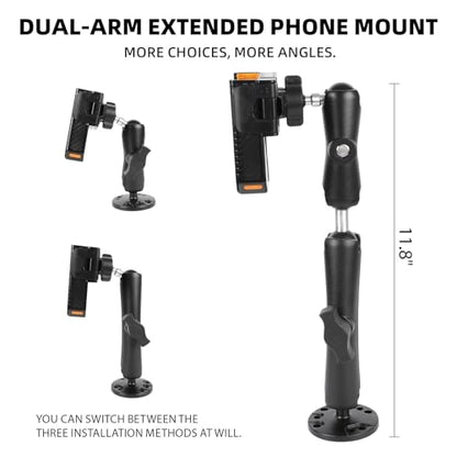 xik Phone Mount Holder with Double Adjustable arm for Boat Kayak Car Truck UTV - Round AMPS Base, [1s Lock & Release][360°Adjustable], Fits 4.7"-7.2" Phones, Heavy Duty, Wall Mount - style: Double-arm style
