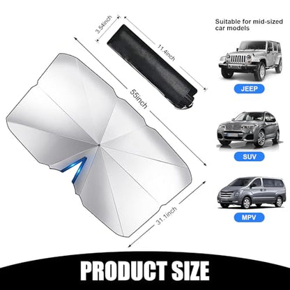1 PC Car Front Windshield Sunshade, 55.1" x 31.5" Opening Retractable Sun Protection Heat Insulation Sunshade with 11.02" x 3.54" Storage Bag, Suitable for Most Cars, SUVs, Trucks (Silver)
