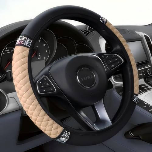 Soft Leather Car Steering Wheel Cover, Universal 15 Inch Colorful Rhinestones Anti-Slip Elastic Steering Wheel Covers for Most Cars, Sparkly Crystal Diamond for Women Girls (Beige) - color: Beige