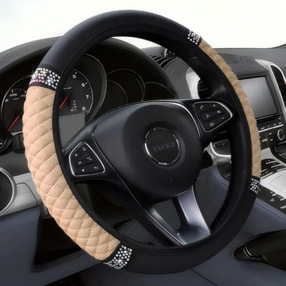 Soft Leather Car Steering Wheel Cover, Universal 15 Inch Colorful Rhinestones Anti-Slip Elastic Steering Wheel Covers for Most Cars, Sparkly Crystal Diamond for Women Girls (Beige) - color: Beige