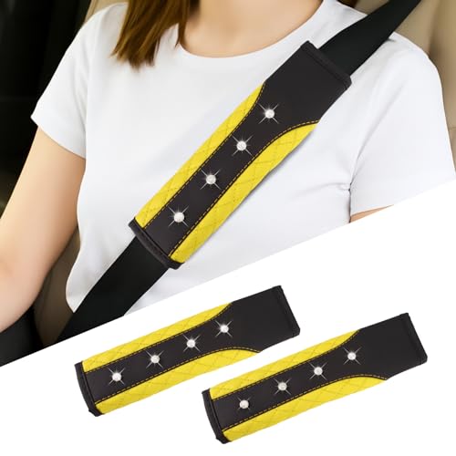 Hovom 2PCS Bling Car Seat Belt Cover Pad, Leather Seatbelt Covers for Cars, Soft Safety Seatbelt Shoulder Strap Covers, Rhinestone Auto Seat Belt Protector Cushion for Women Girls (Yellow) - color: Yellow