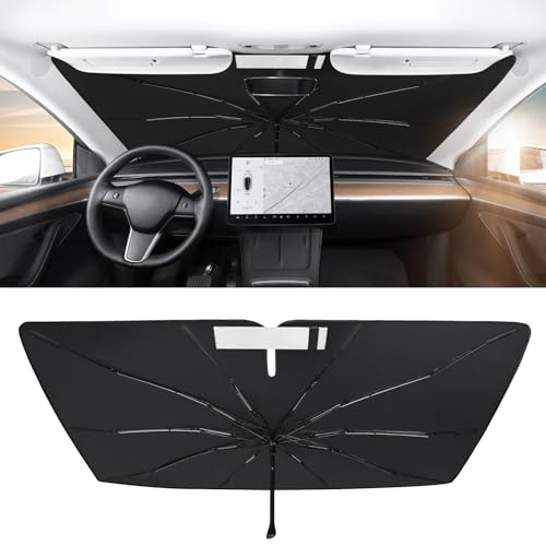 BASENOR 2017-2026 Tesla Model Y Model 3 Windshield Sunshade Umbrell [Nano Ice Crystal Particle] Front Window Shade, Coating 100% Heat Protection Retractable Sunshades - size: Model 3/Y Umbrella