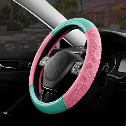 PIC AUTO Massage Steering Wheel Cover, Pink Football Pattern Material Spliced & Light Green Leather Car Steering Wheel Cover, Car Steering Cover, Universal Fit 14.5"-15.5" for Cars, Trucks, Van, SUVs - color: Light Green