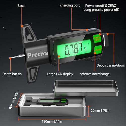 Preciva Rechargeable Tire Tread Depth Gauge, Touch Screen Digital Tire Depth Gauge with Lighting, in/MM/F Conversion, IP54 Waterproof, Auto Power Off, for Tread Depth, Brake Shoe and Pad Wear
