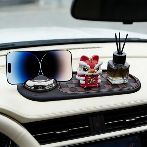 Car Dash Anti-Slip Pad, 3-in-1 Rotatable Dash Non-Slip Mat with Phone Holder & Temporary Parking Number, Multifunctional Dashboard Grip Mat for Key Gadgets, Universal Fit (Brown/Silver) - color: Brown/Silver