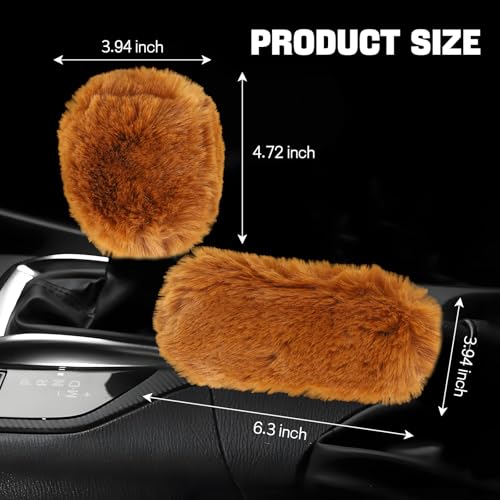 Hovom 2PCS Fluffy Car Gear Shift Knob Cover & Handbrake Cover, Soft Plush Hand Brake Handle & Gear Shift Cover for Women Girls, Universal Comfortable Warm Furry Car Accessories (Camel) - color: Camel