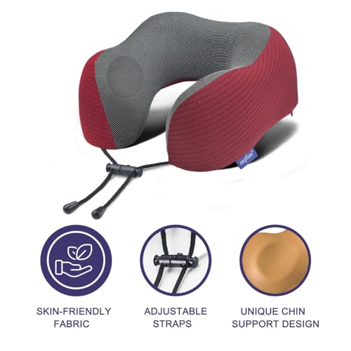 napfun Neck Pillow for Travel with Travel Pouch, Sleep Mask & Earplugs, Memory Foam Airplane Pillow for Headrest Sleep with Eyeshades, Plane Essentials with Eye Blindfold, Burgundy Striped Kit - color: Burgundy Striped Kit