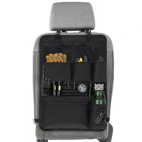 Tactical Car Seat Organizer with Multiple Pockets, MOLLE Panel System & Mesh Compartments, Durable Nylon Universal Vehicle Backseat Storage with Cup Holder, Water-Resistant (Black) - color: Black