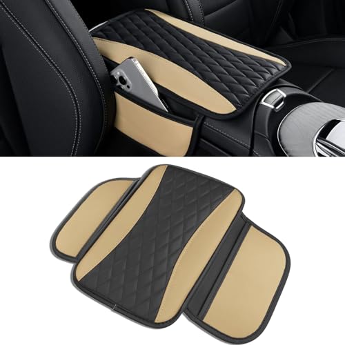 Leather Car Center Console Cover with Side Pockets, Upgraded Arm Rest Cover for Car Seat Organizer, Middle Console Cover Stylish Car Decoration, Universal for Most Vehicles (Beige) - color: Beige