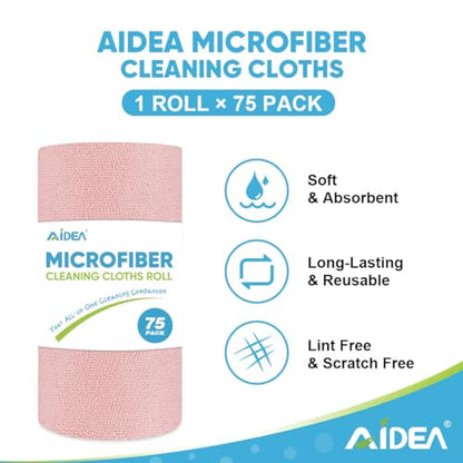 AIDEA Microfiber Cleaning Cloth Roll, 75PK, Tear Away Reusable Paper Towels, Pink Towels Lint Free Rags for House, Kitchen, Car Cleaning Supplies, 11.5"×11.5" - color: Pink