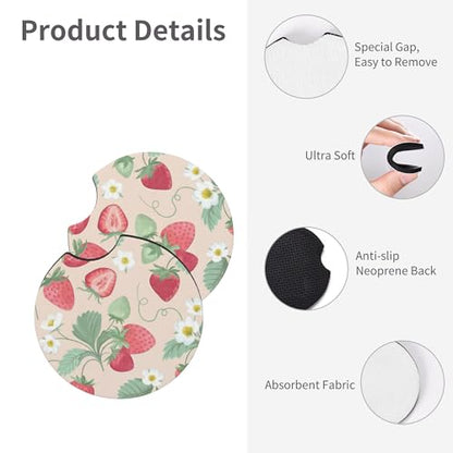 Strawberry Flowers Steering Wheel Cover - Strawberry Flower Steering Wheel Cover for Women Cute Car Breathable Universal for 14-15 Inch Anti-Slip 2 Pieces Car Coasters - color: Strawberry