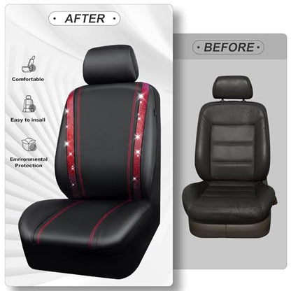 CAR Pass Bling Car Seat Covers Full Set, Shining Rhinestone Diamond Waterproof Faux Leather, Rear with Zipper, Universal Fit Automotive Glitter Crystal Sparkle Strips for Women Girl, Black Red - color: Red Diamond, size: Full Set